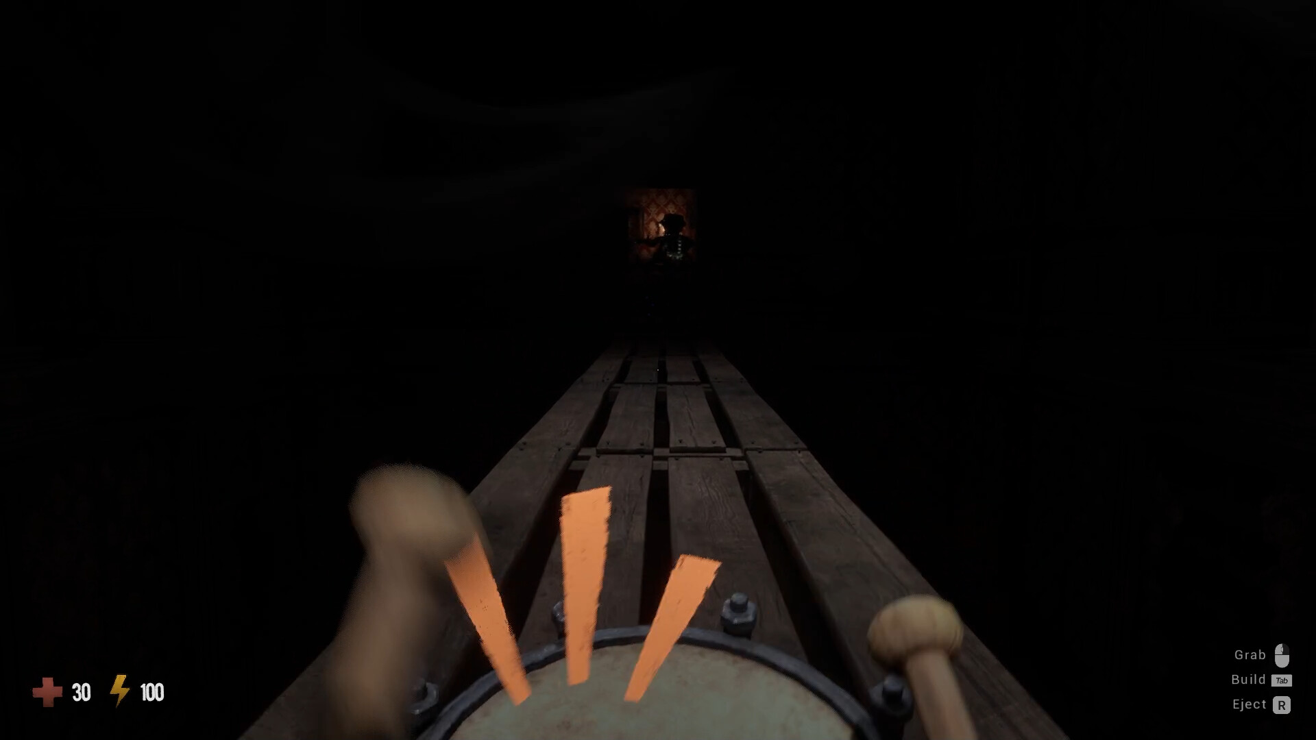 First-person view down a dark plank corridor toward a distant lit opening while the player holds a marching drum, orange note marks flying from the beaters; the HUD reads 30 health and 100 energy with the Grab, Build and Eject prompts at the lower right.