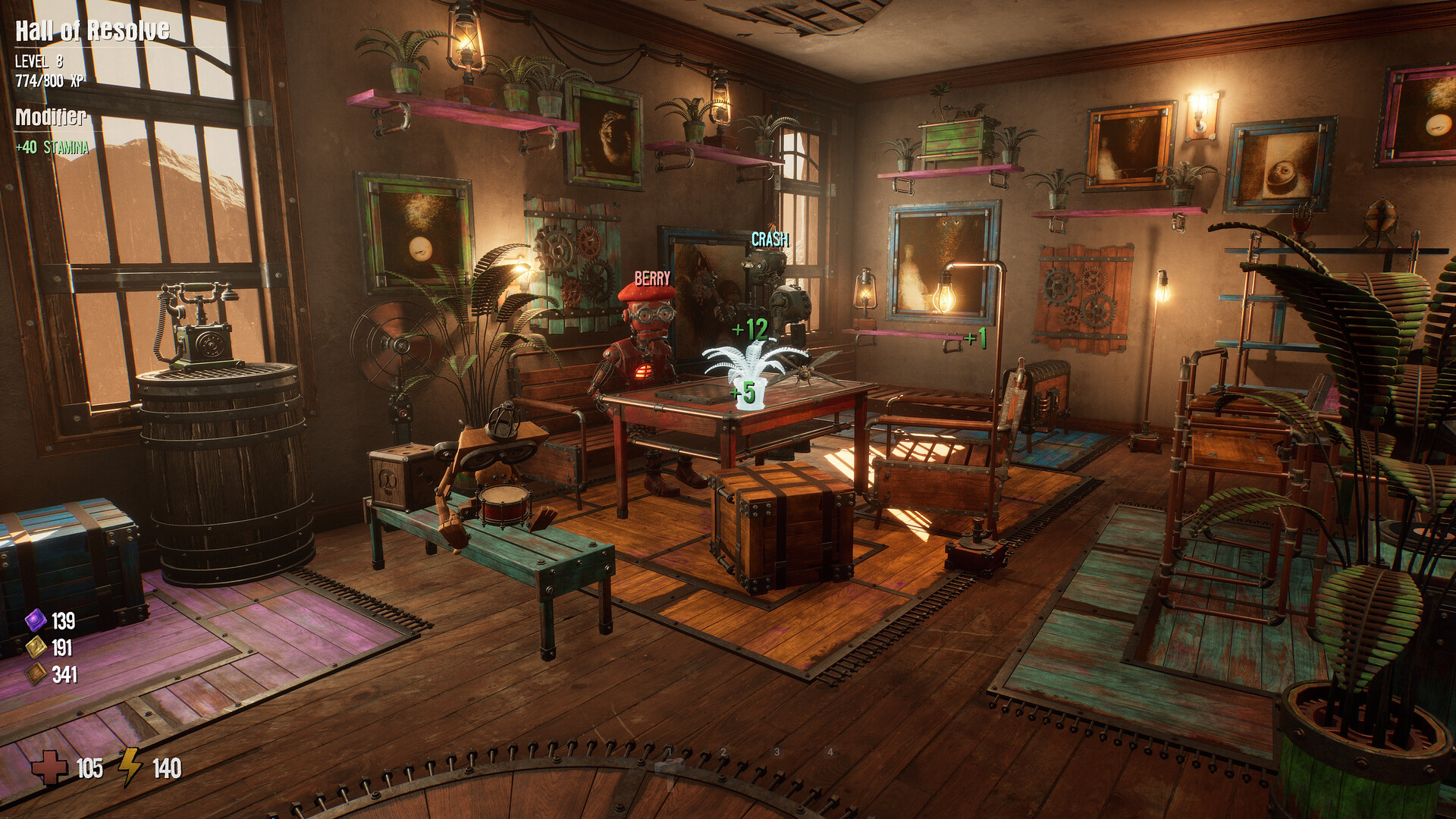 Outpost room screen headed Hall of Resolve, LEVEL 8, 774/800 XP, Modifier +40 STAMINA; vessels named BERRY and CRASH stand in a furnished room where a placed plant shows +12 and +5 gains, with three currency counters reading 139, 161 and 341 and a HUD of 105 health and 140 energy.