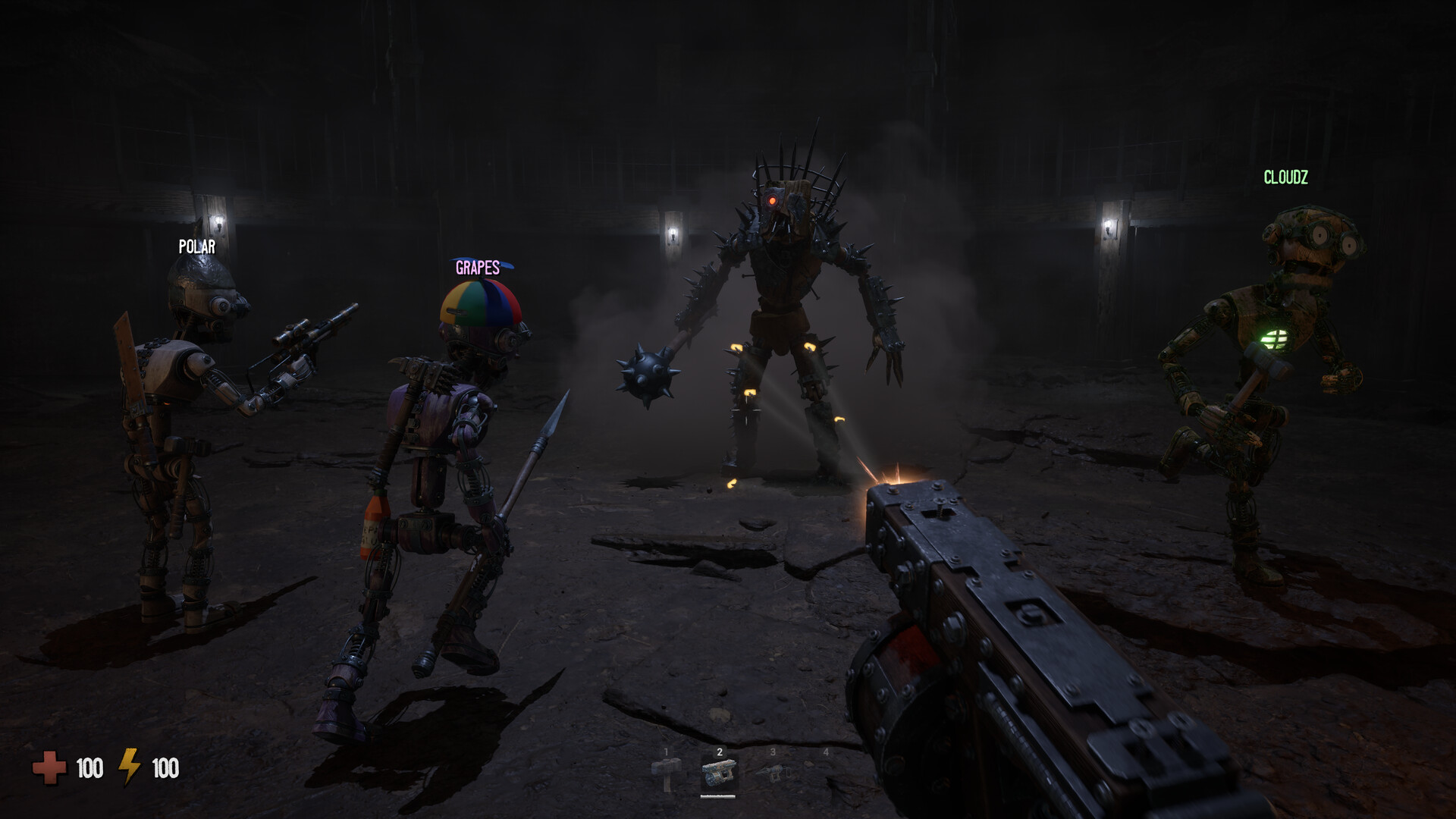 Three player vessels with the nameplates POLAR, GRAPES and CLOUDZ face a tall spiked Corrupted holding a flail in a dark stone chamber lit by wall lamps; the first-person weapon fires from the lower right and the HUD reads 100 health and 100 energy.