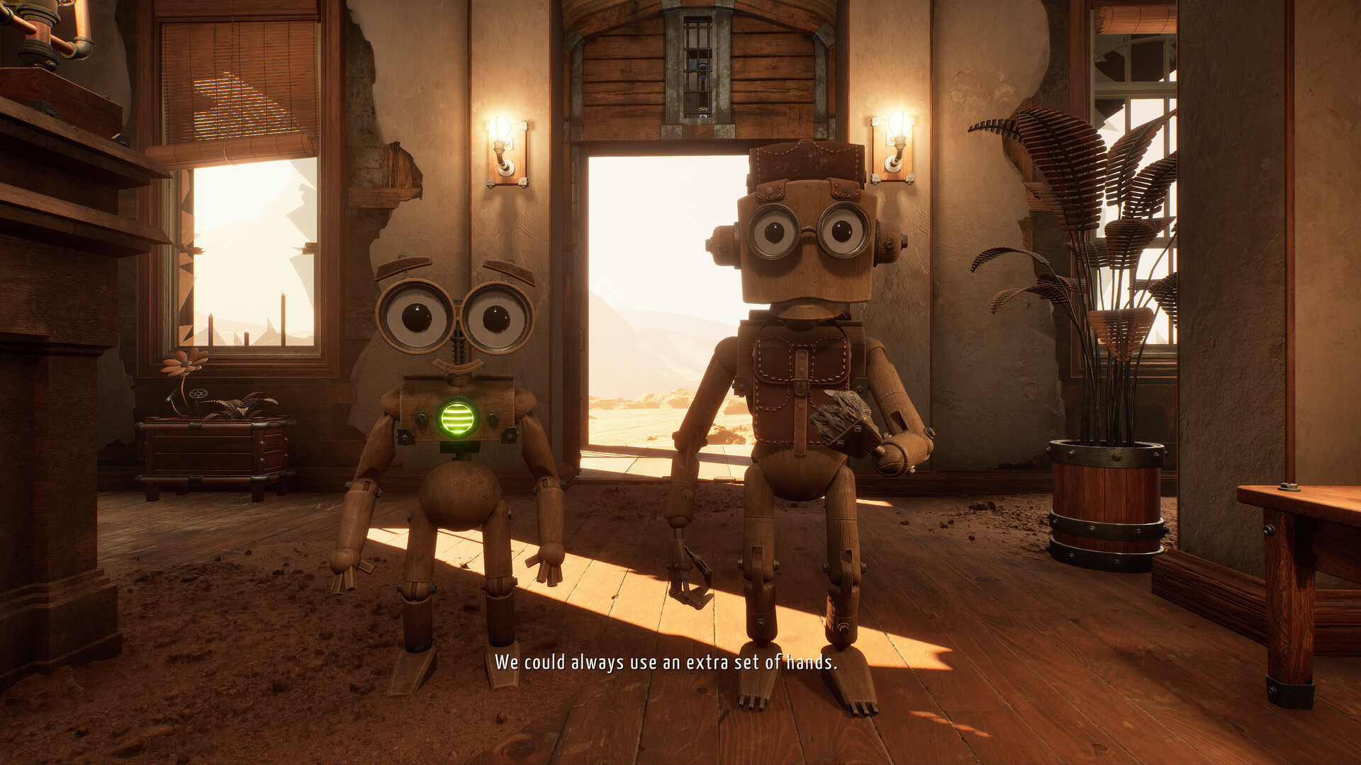Cutscene frame of two wooden vessels standing in a sunlit doorway of a ruined building, the smaller one showing a green chest core, under the English subtitle line “We could always use an extra set of hands.”