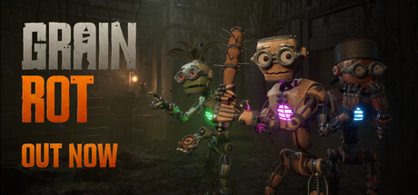 Steam store header art: the GRAIN ROT logo in weathered grey and orange lettering above the words OUT NOW, beside three wooden robot vessels with glowing green, magenta and blue chest cores in a dark ruined interior.