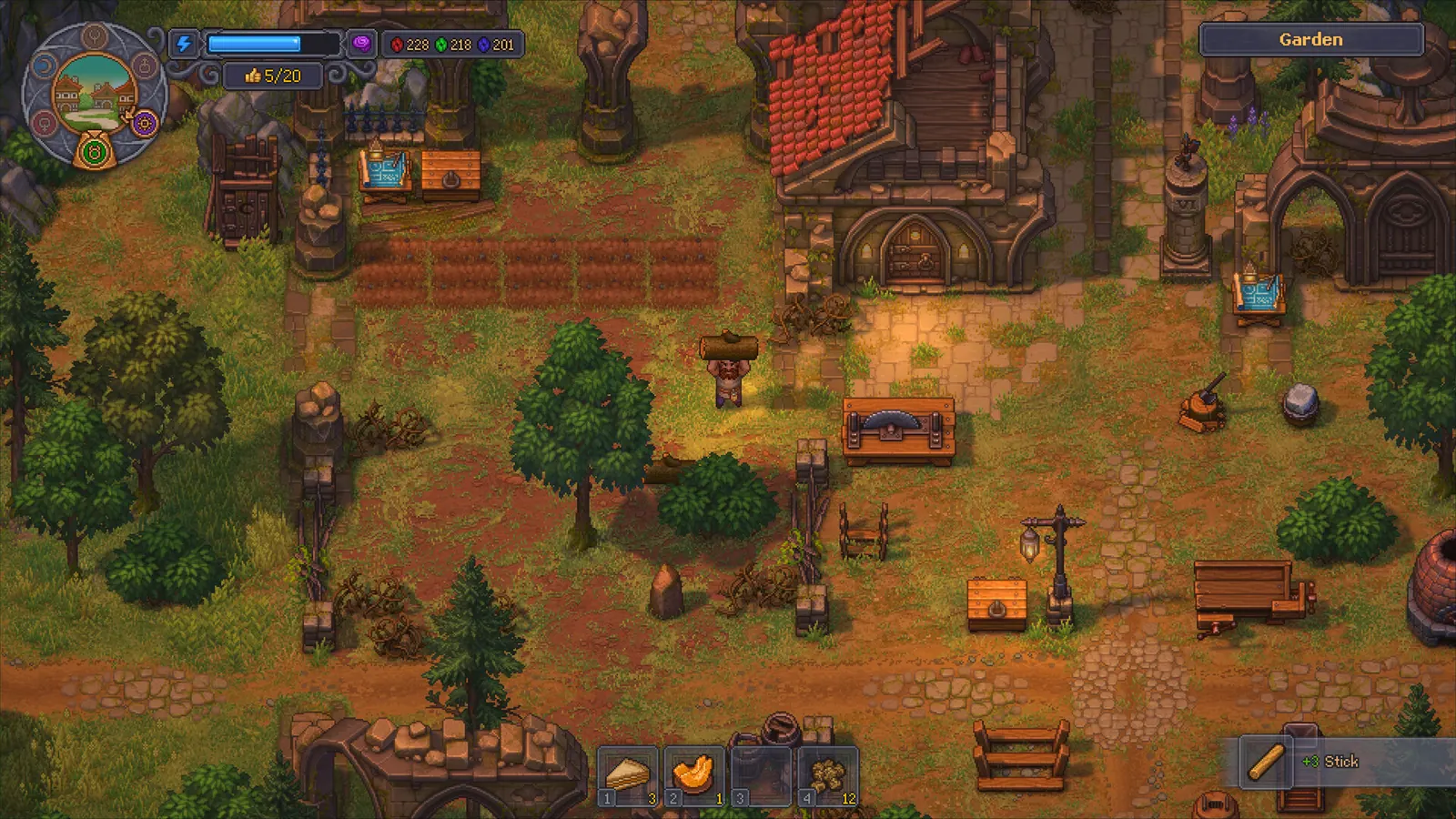 Graveyard Keeper 2 garden path with benches, trees, and a work yard