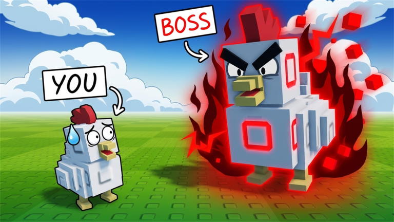 Select official frame: A small white chicken marked YOU faces a larger red-aura chicken marked BOSS.