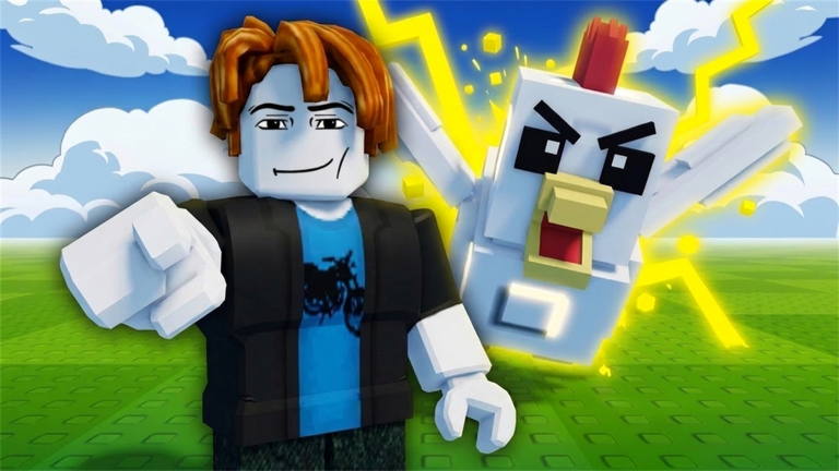 Select official frame: A Roblox avatar points beside a white chicken surrounded by yellow lightning.