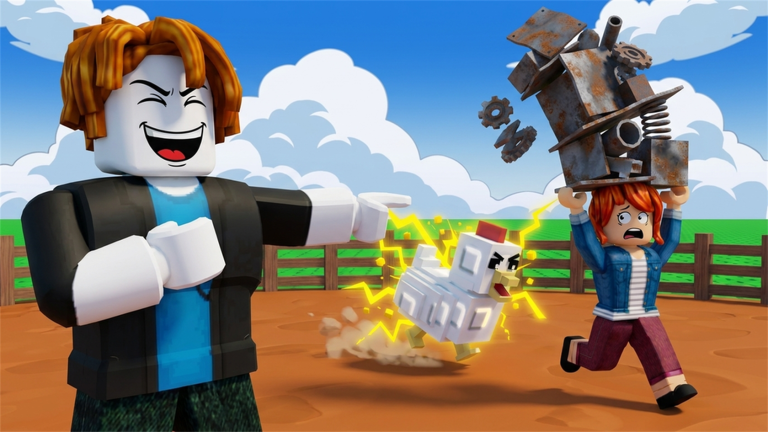 Select official frame: A white chicken runs across a farm yard while a Roblox avatar lifts a scrap-built object.