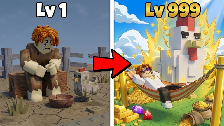 Select official frame: A split scene contrasts a low-level chicken beside a bowl with a high-level chicken beside treasure.