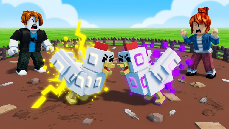 Two stylized block chickens face each other in a fenced dirt arena while two Roblox avatars watch.