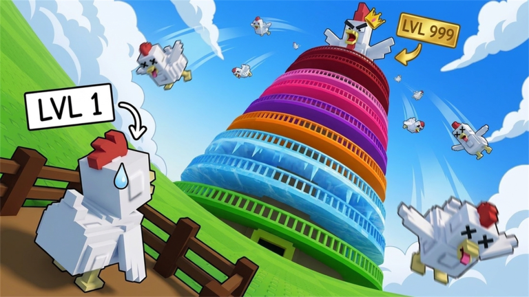 A brightly colored tower rises behind chickens labeled LVL 1 and LVL 999.
