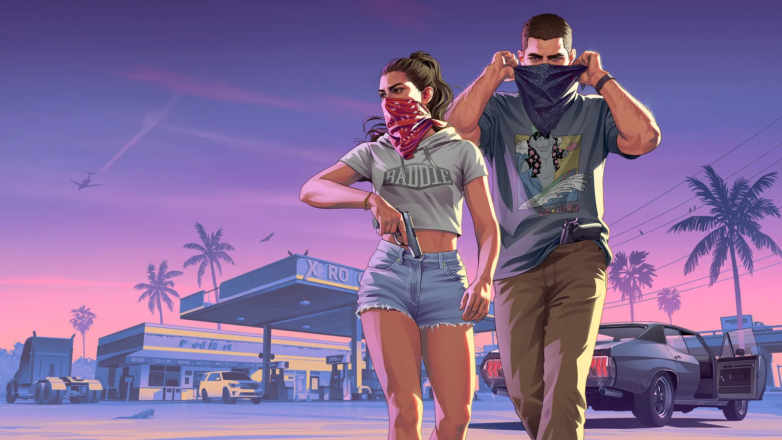 Jason and Lucia mid-robbery, official Grand Theft Auto VI artwork