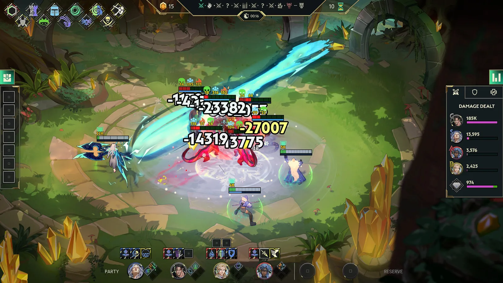 Guildrun isometric battlefield with heroes fighting amid golden crystals