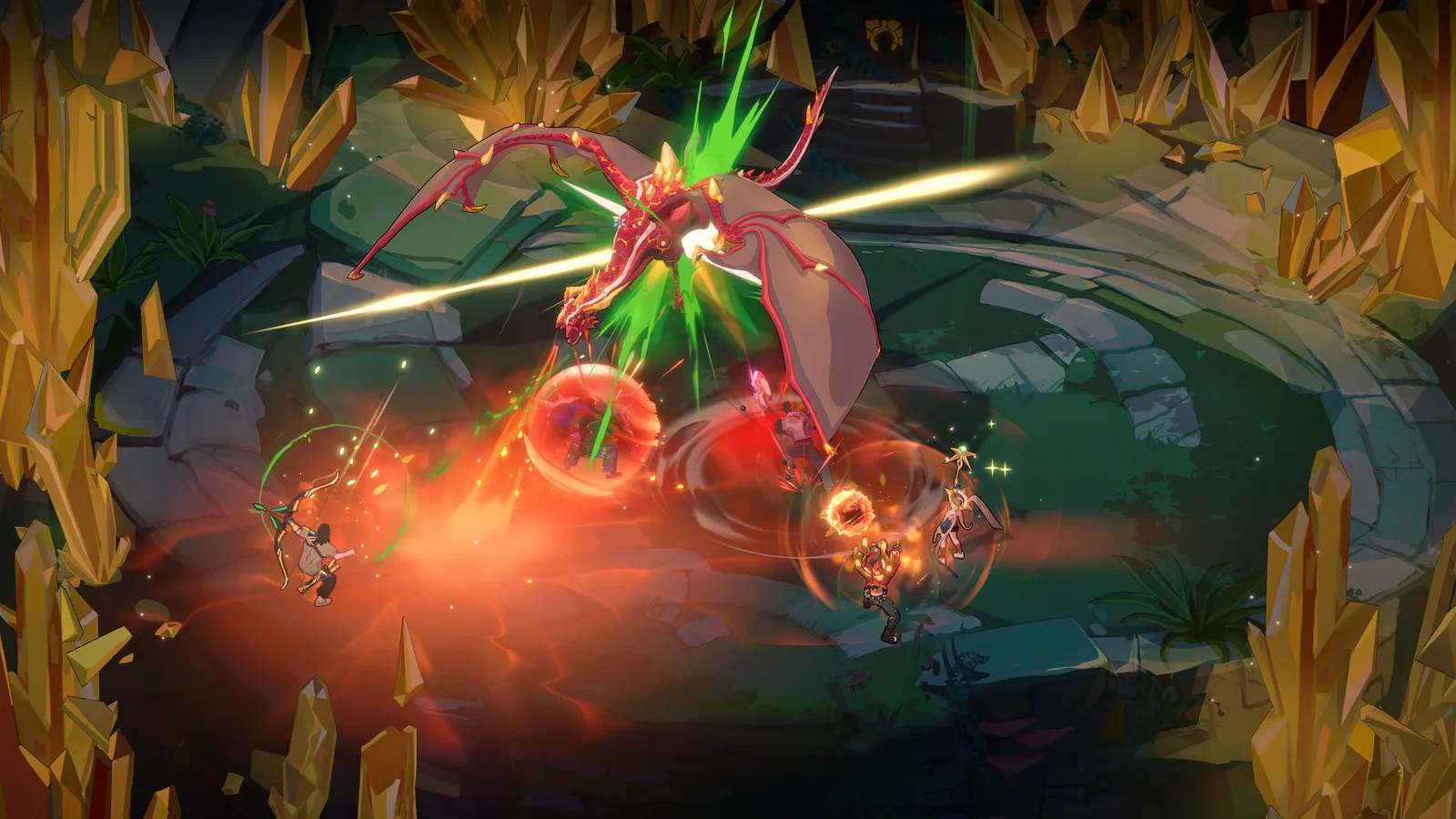 Guildrun key art of a dragon fight in a crystal cavern