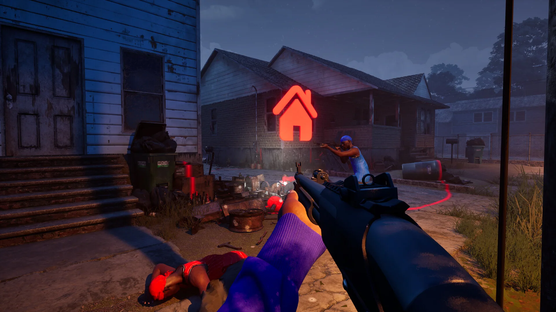 First-person night street with a shotgun and a red house marker