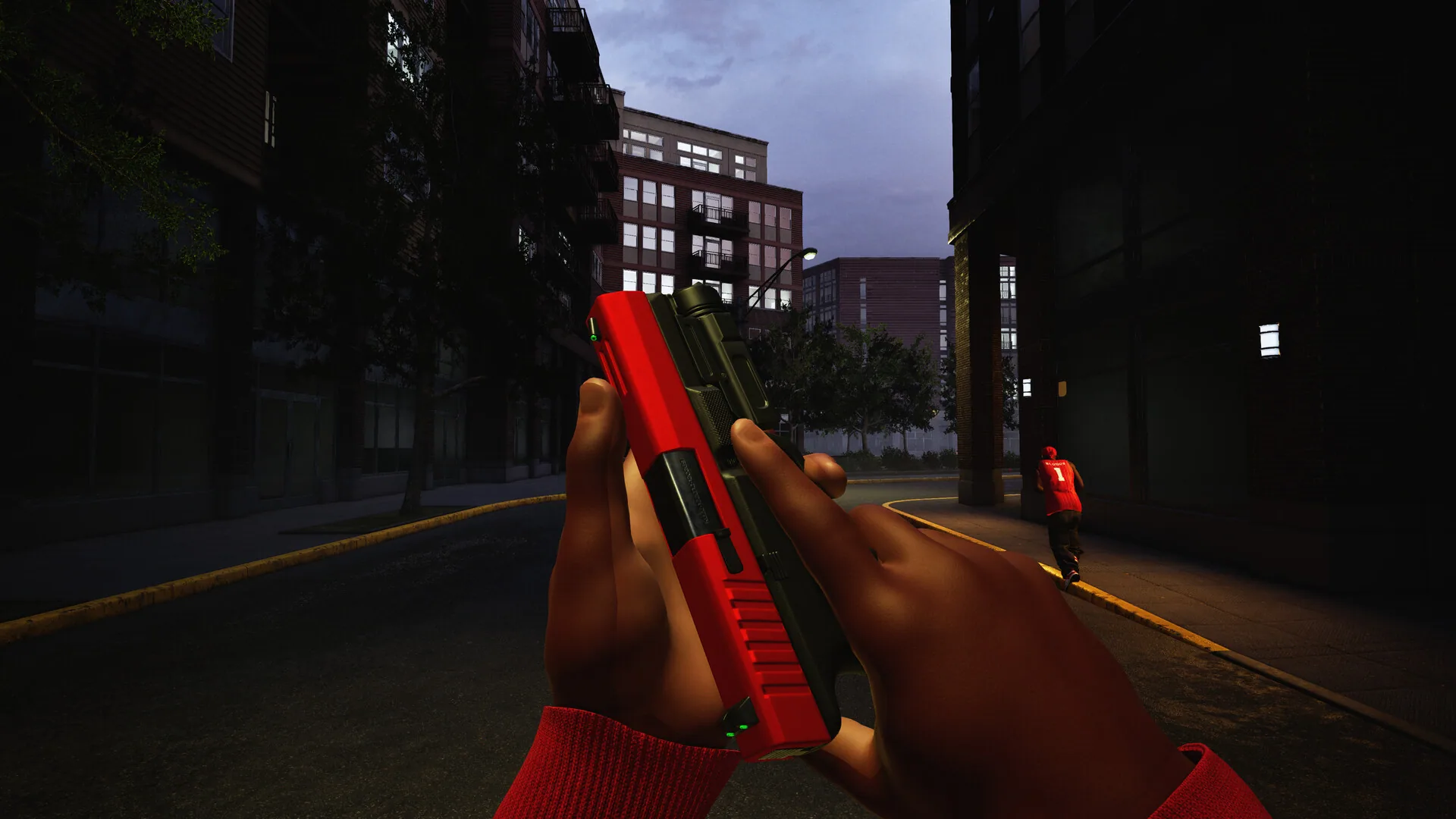 Red pistol on a dusk city street