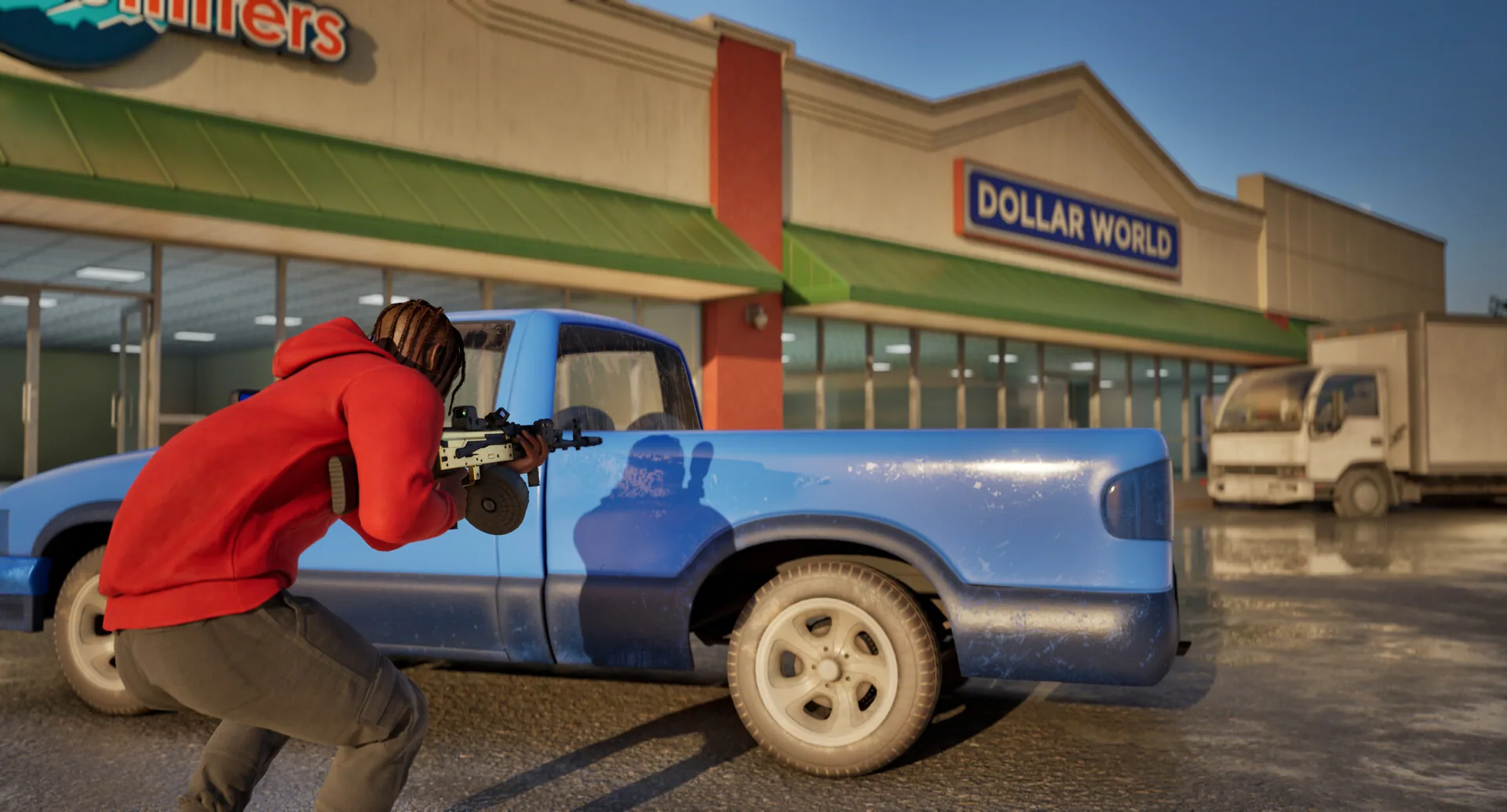 Player with a drum-fed gun behind a blue truck