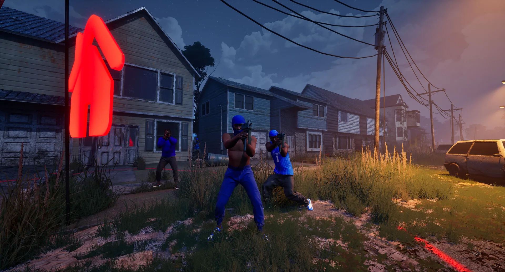 Three players holding a yard in front of houses
