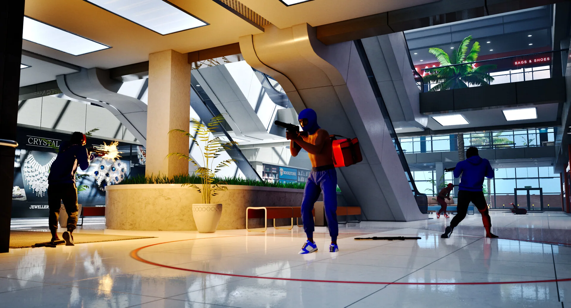 Mall atrium fight with a red bag