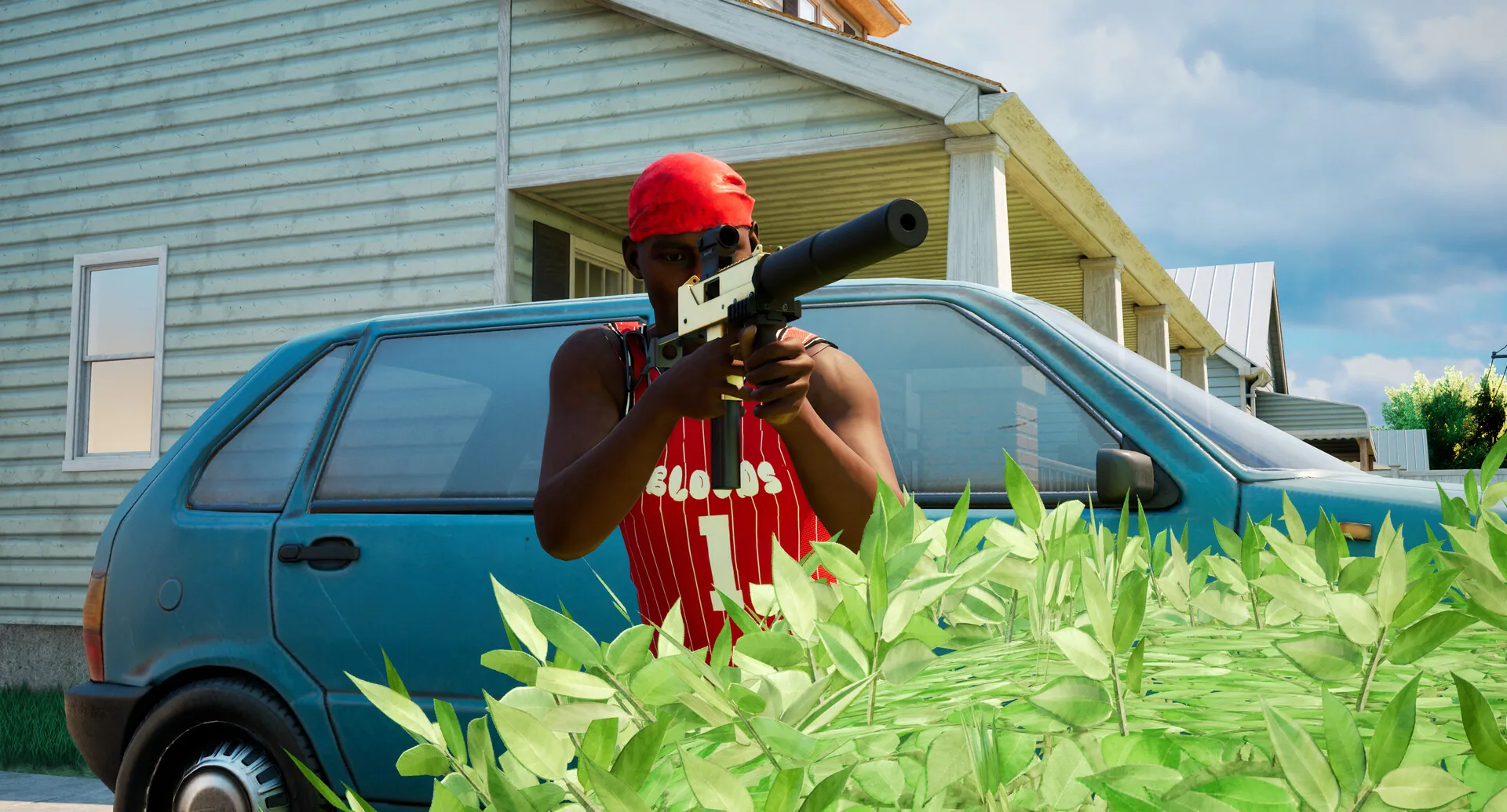 Player with a suppressor beside a blue car