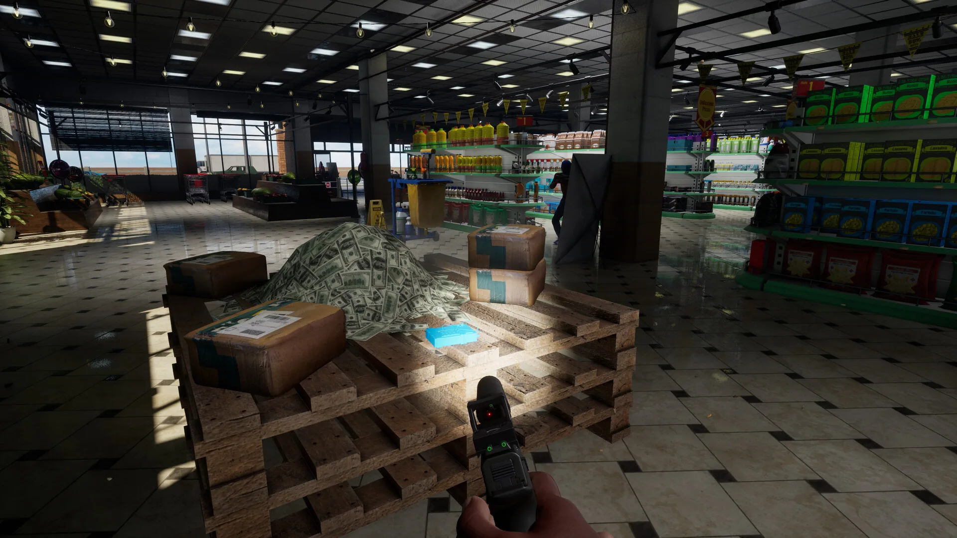 Pistol aimed at a pile of cash on a grocery pallet