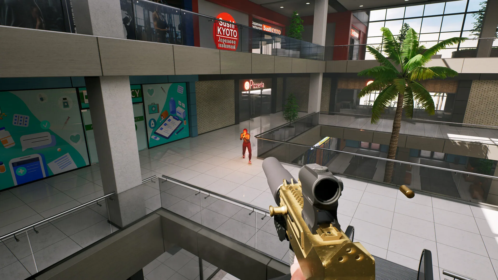 Gold gun aimed across a mall atrium
