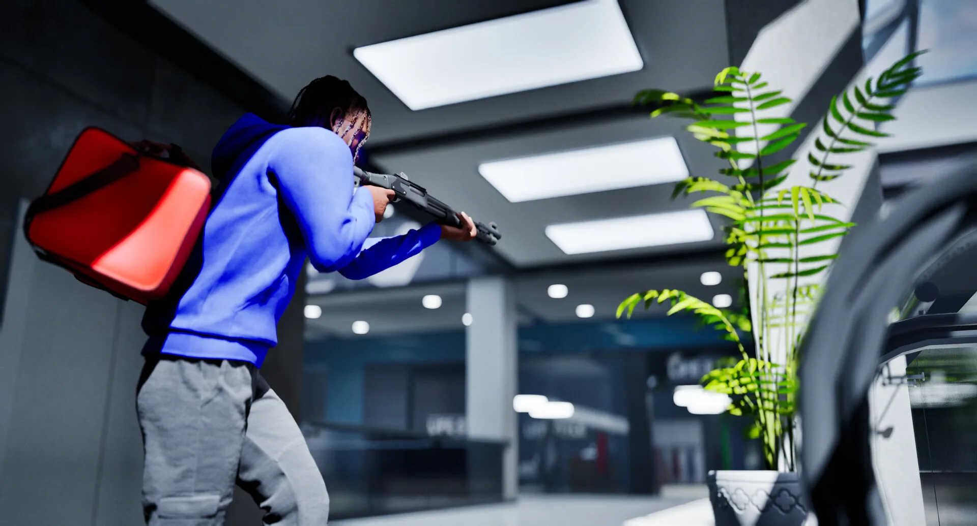 Player with a red bag aiming a shotgun down a mall corridor