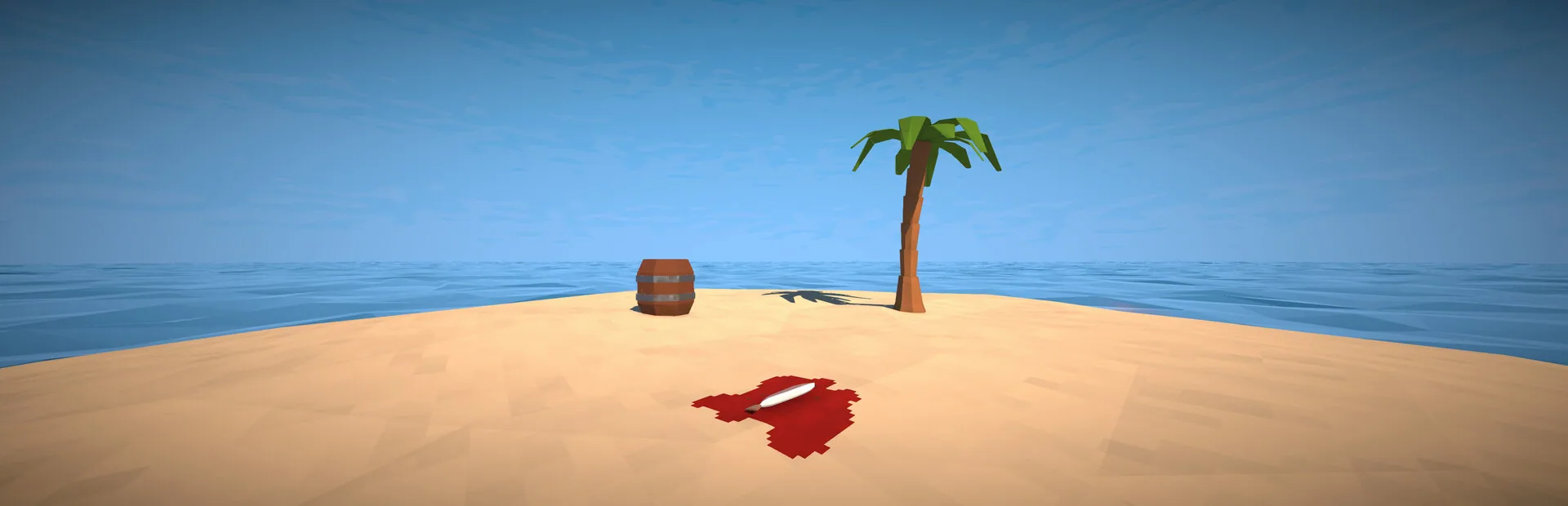 Tiny sandy islet with one palm, a barrel and a knife lying in a red blood stain