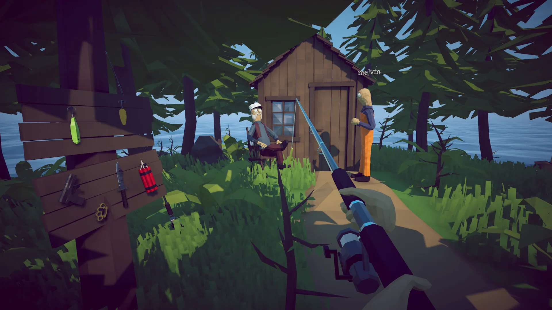 First-person fishing rod aimed at a forest cabin where an NPC sits in a rocking chair beside a wooden shop board of lures, a pistol, brass knuckles, a knife and dynamite