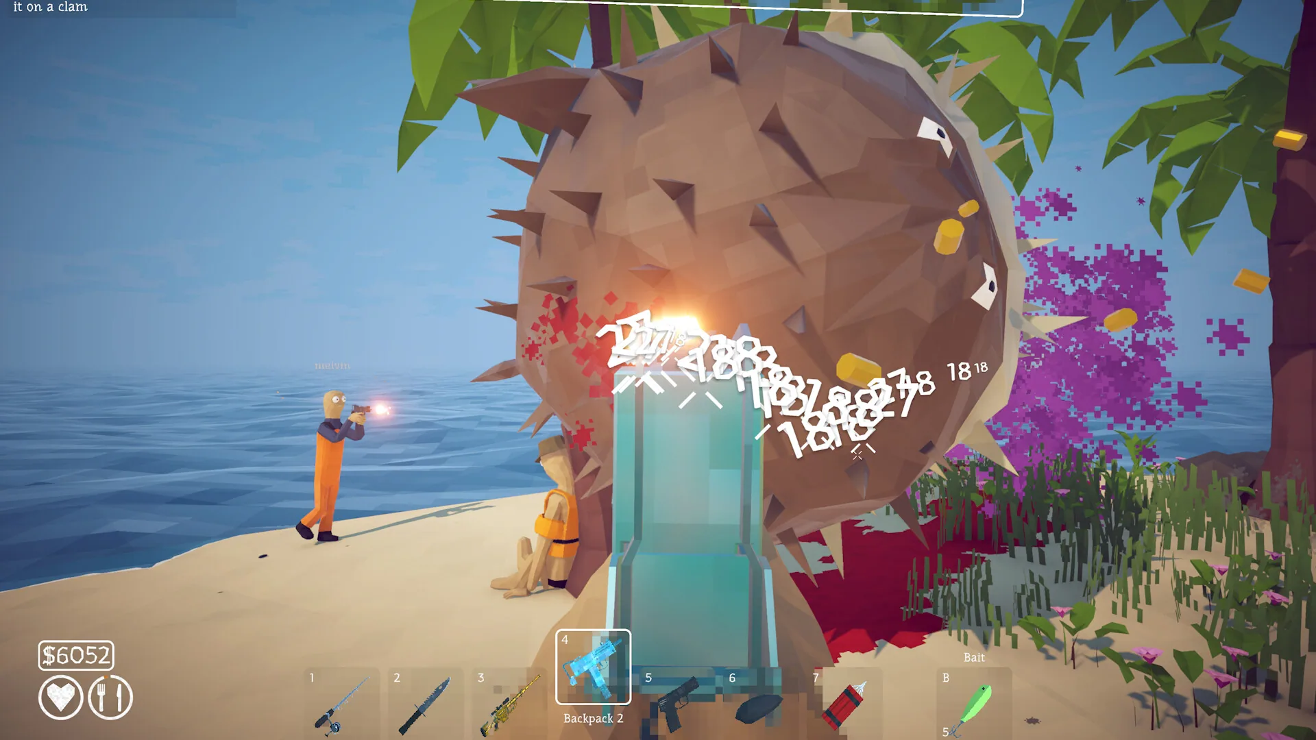 Players shooting a giant spiked pufferfish on a tropical beach with a visible HUD of money, health, hunger, weapons and bait