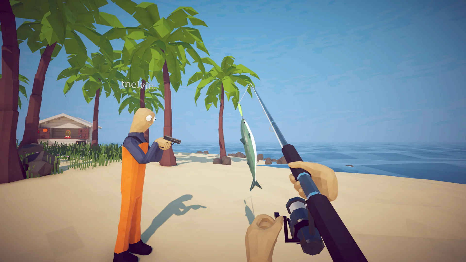 First-person rod lifting a green fish off a sandy beach while a co-op player named melvin aims a pistol under palm trees