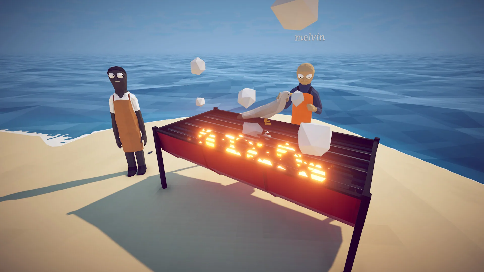 Two players at a flaming beach grill with a seagull on the grate and white ice cubes in the air