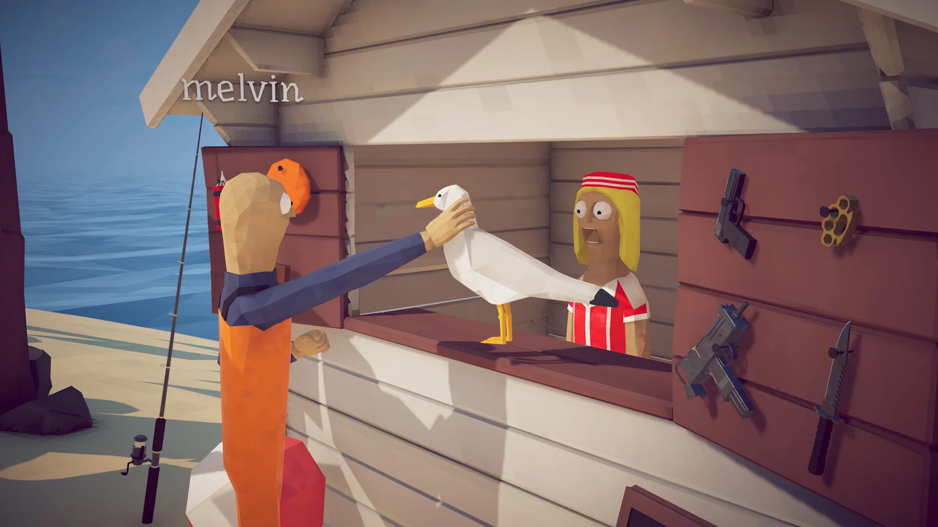 Player named melvin handing a seagull through a beach hut shop window lined with pistols, an SMG, brass knuckles and a knife