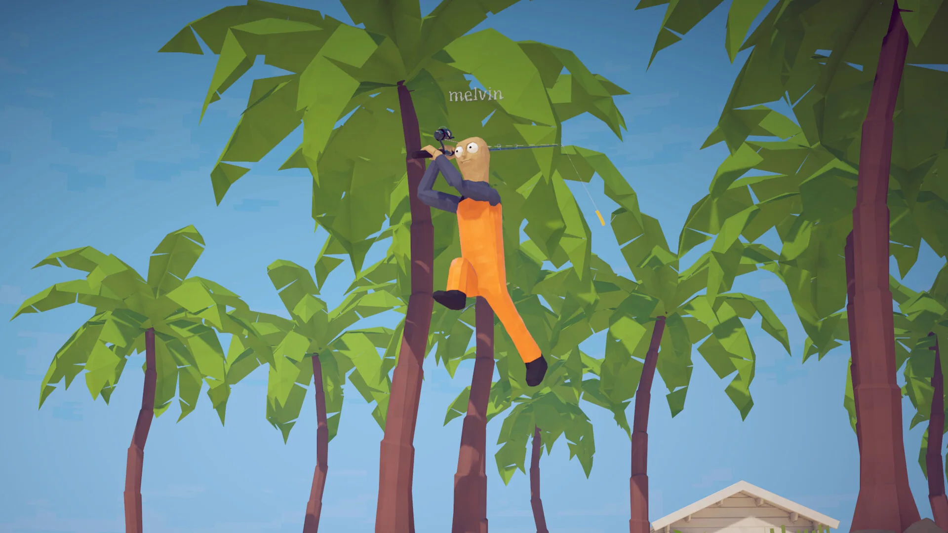 Player in orange overalls clinging to a palm trunk with a fishing rod while named melvin