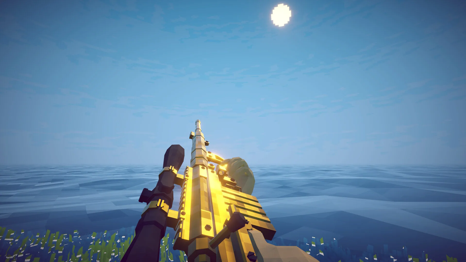 First-person golden sniper rifle aimed over open water under a low-poly sun