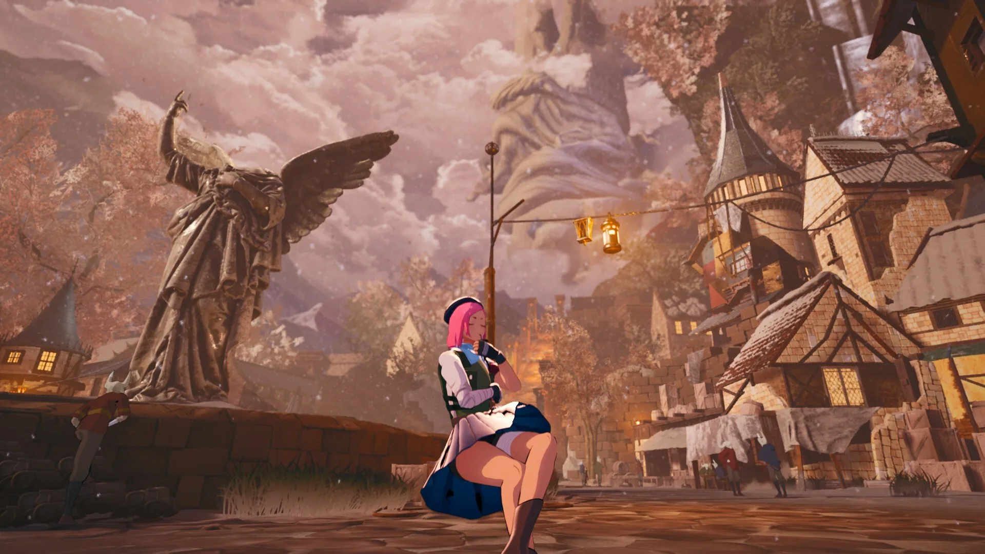 Fernet sits in Babel beside a colossal angel statue under a rose-ash sky.
