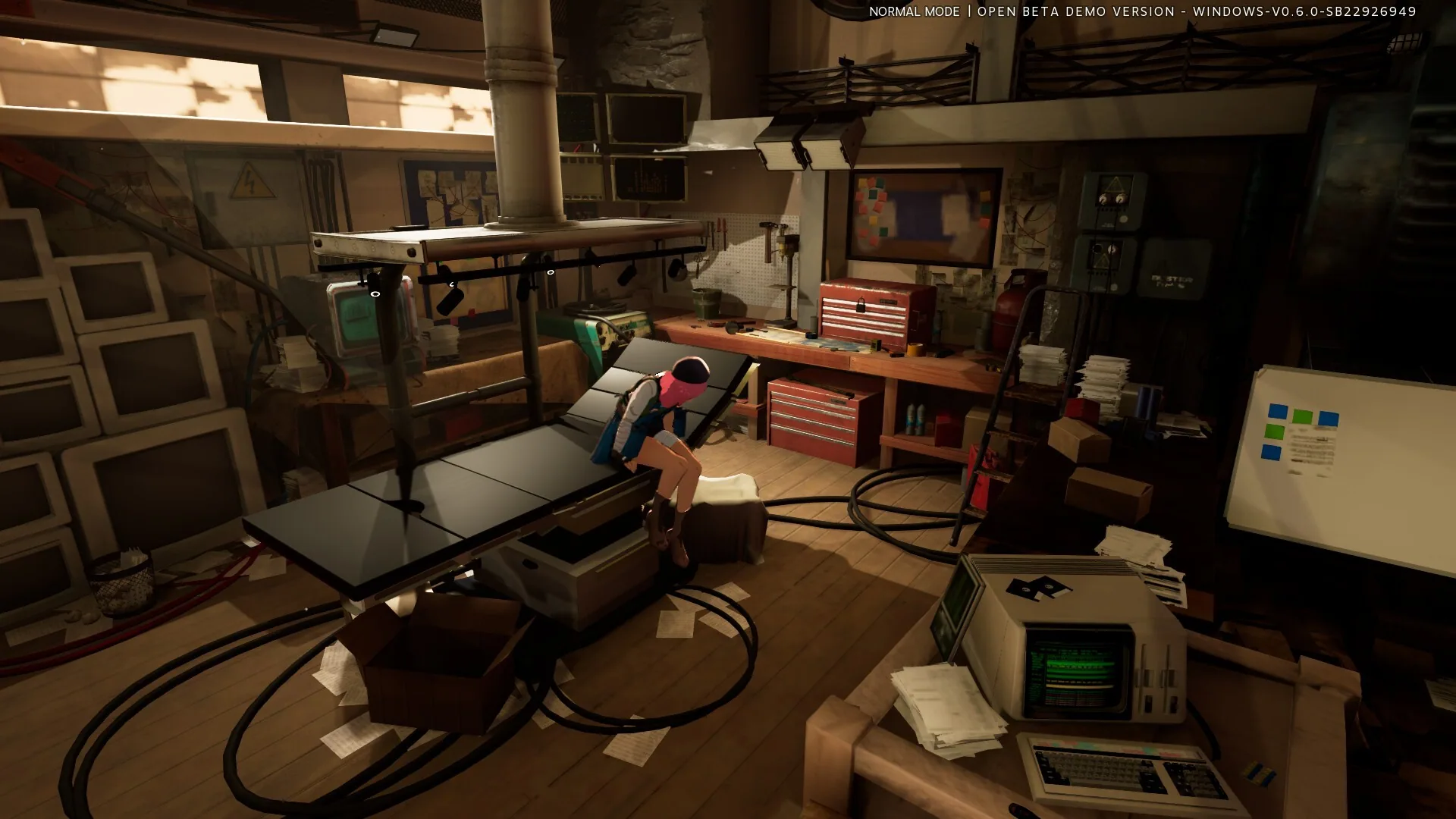 Fernet perches on a lab table among CRT monitors and tool chests.