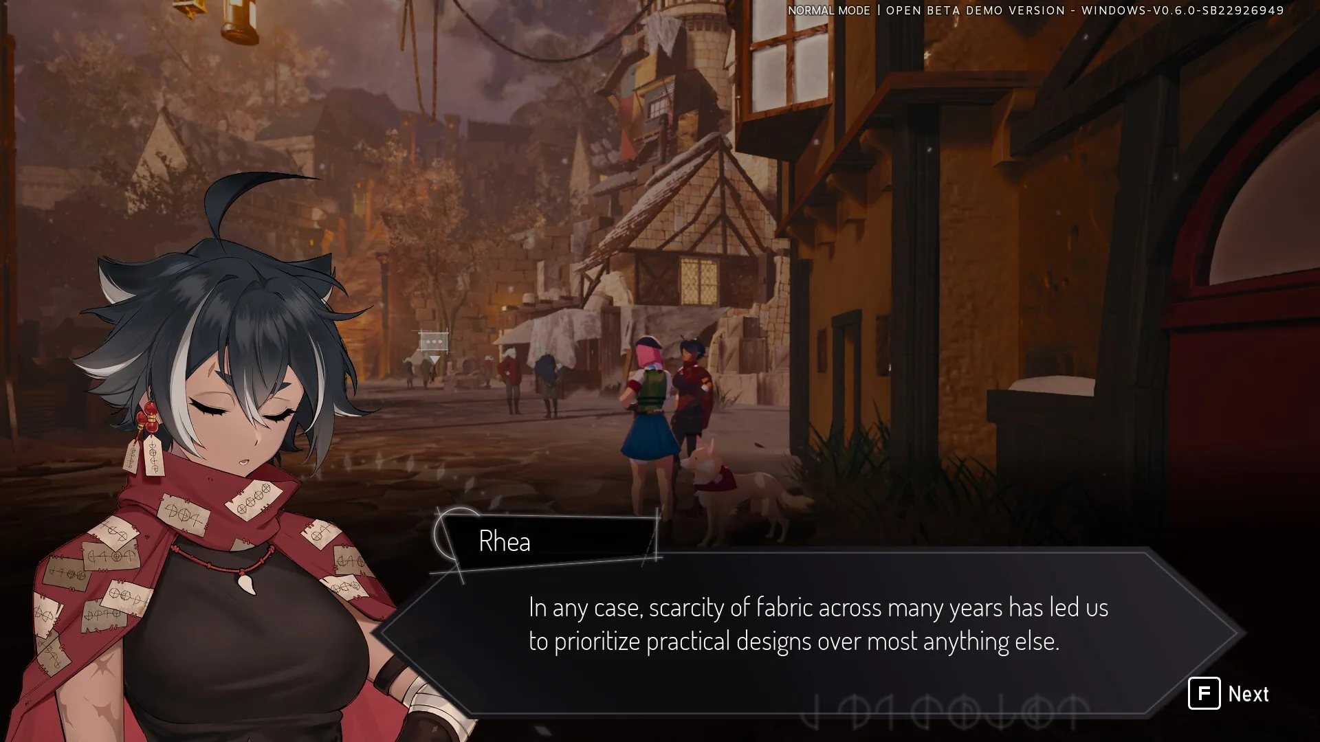 Rhea speaks in Babel about fabric scarcity while two units stand in the street with a dog.