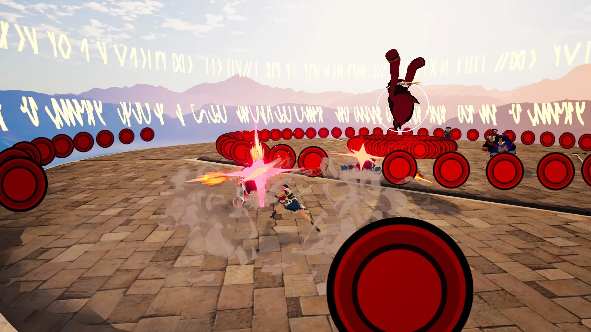 A MAHOU unit fights on pale stone among red circular hazard rings.