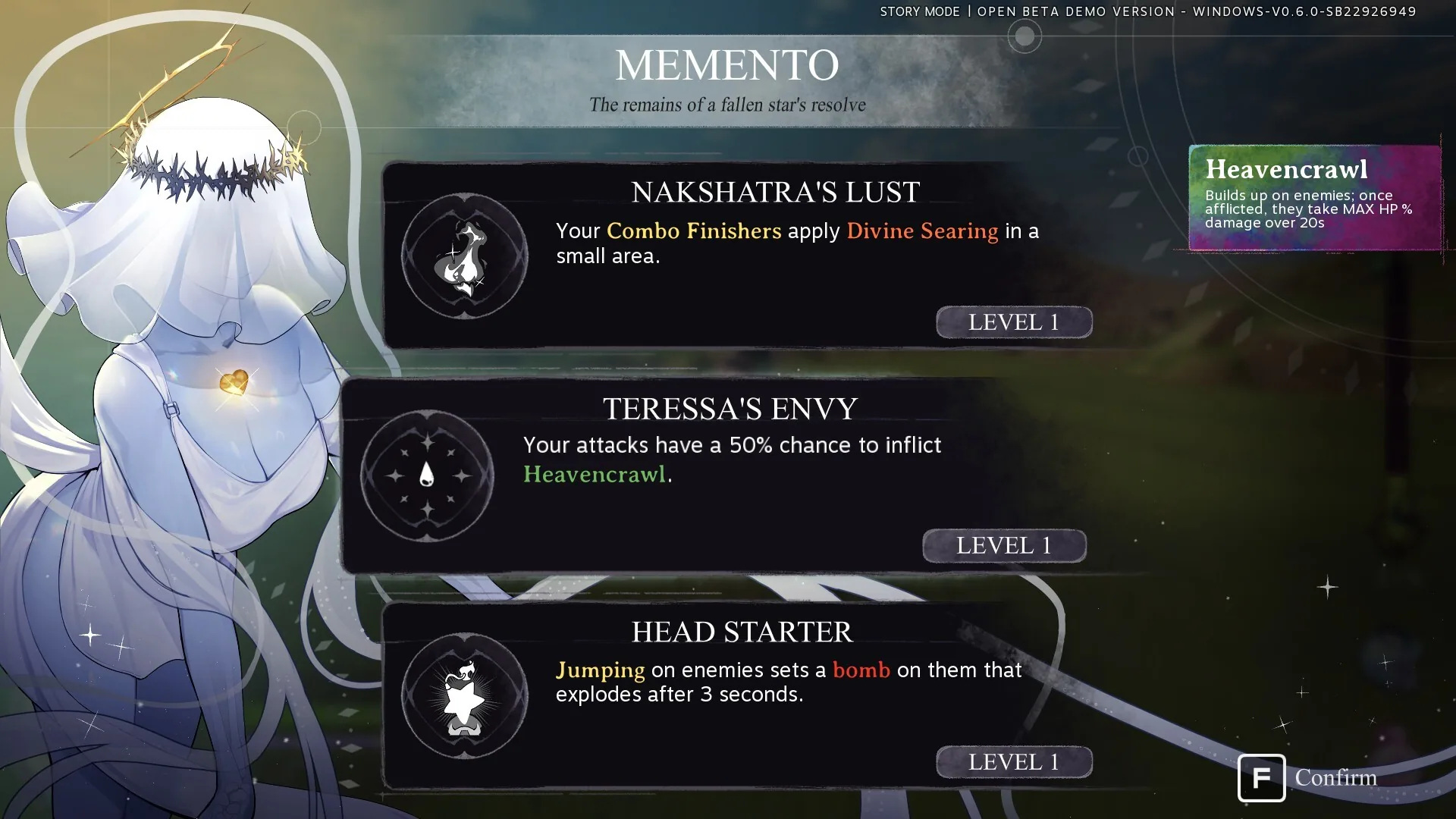 Memento pick UI showing Nakshatra’s Lust, Teressa’s Envy, and Head Starter.