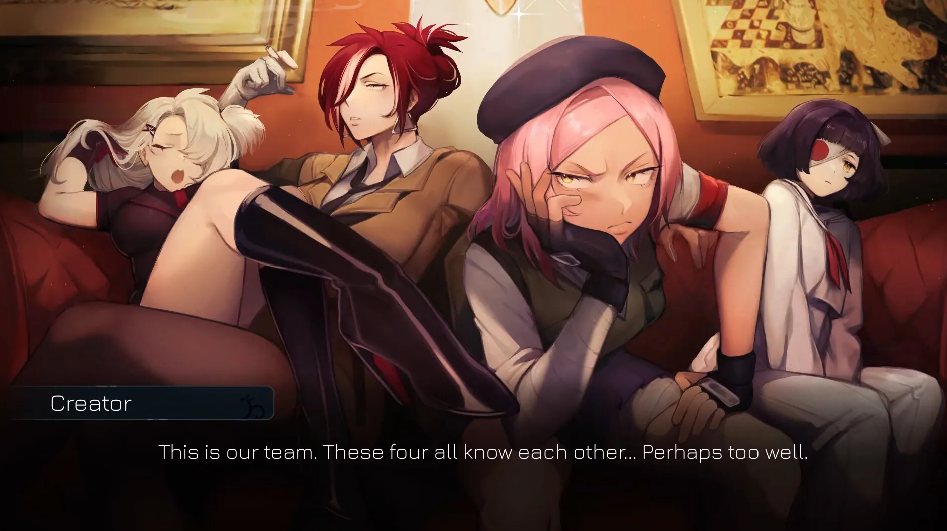 The four M.A.H.O.U units seated together on a red sofa.