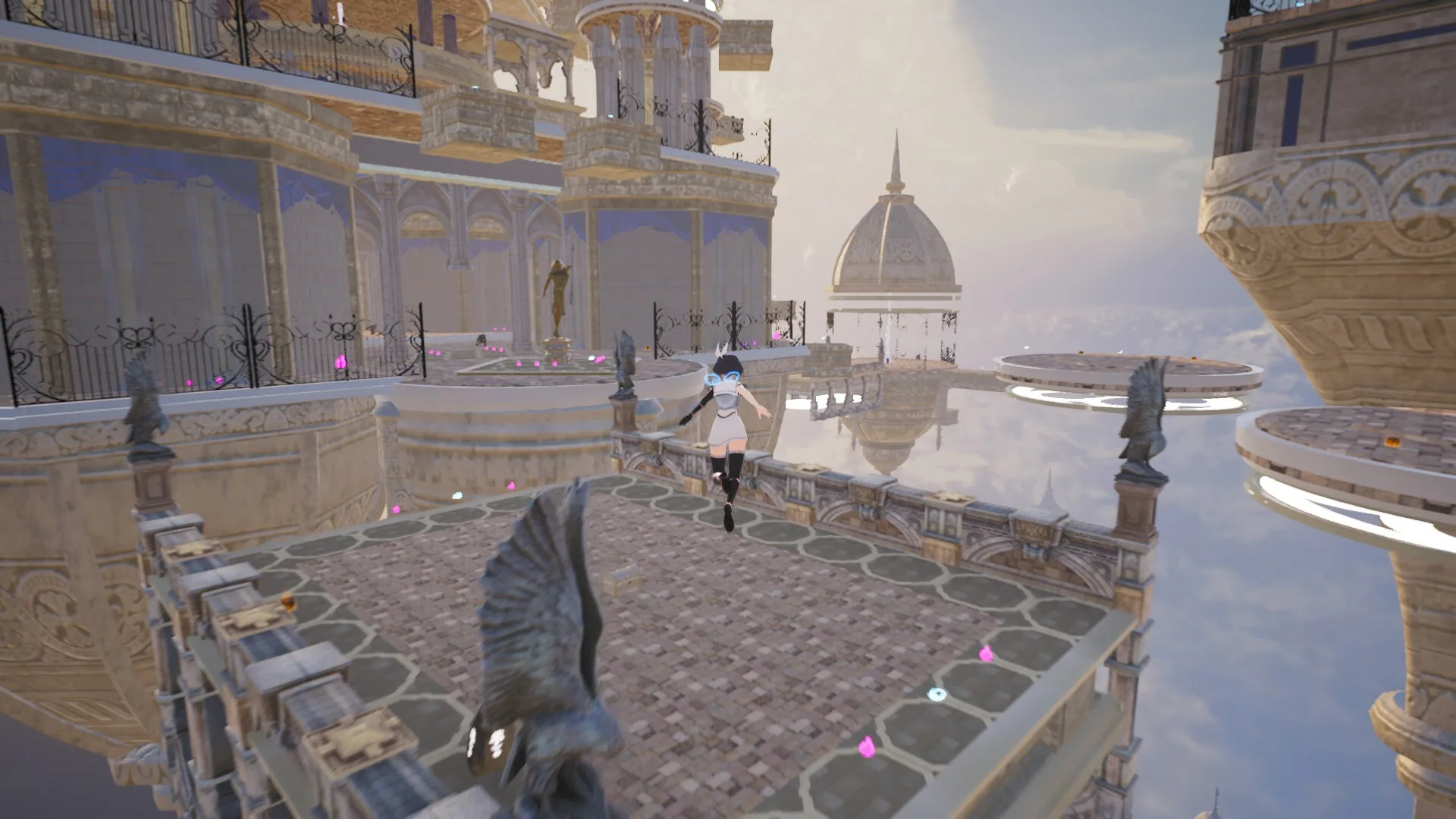 A unit sprints across floating palace terraces above mirrored water.