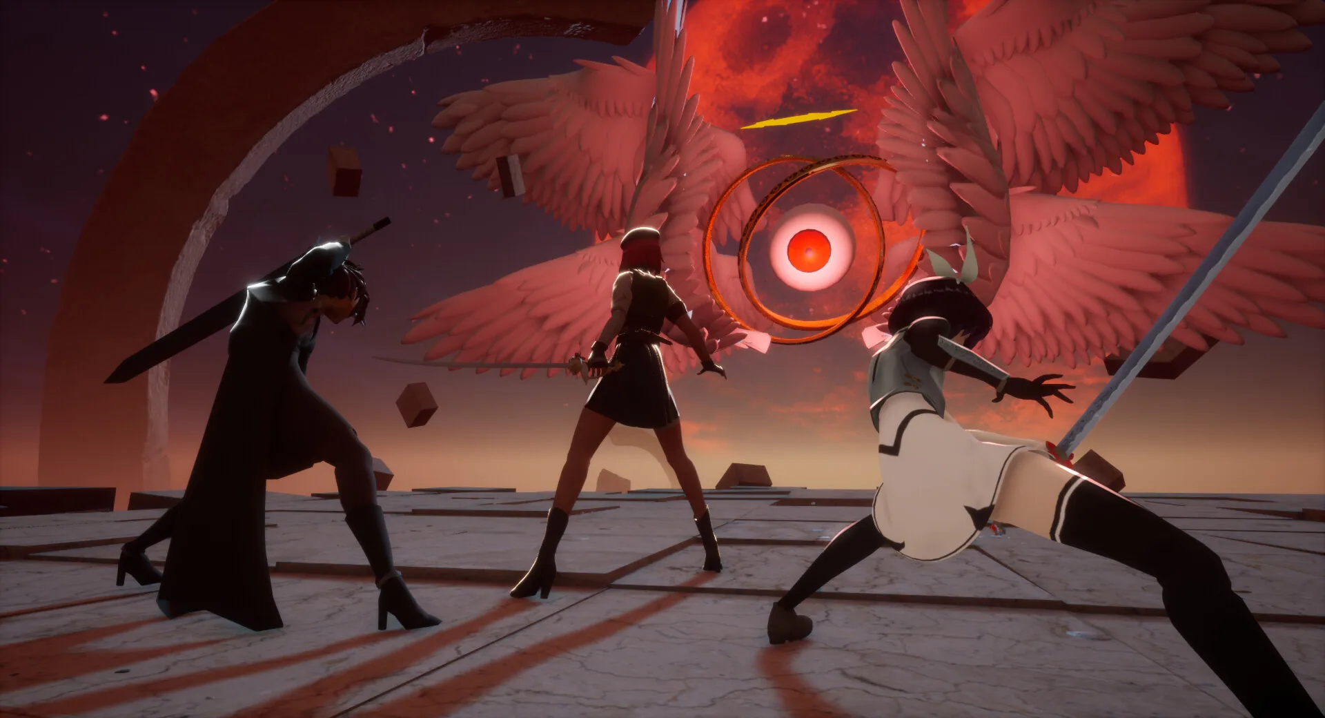 Three MAHOU units face a many-winged angel boss with a red-ringed eye.