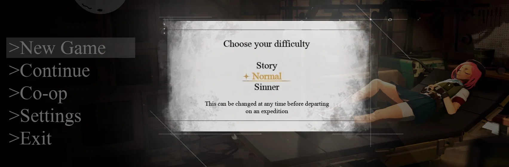 New Game menu over the memory-backup lab with Story / Normal / Sinner difficulty.