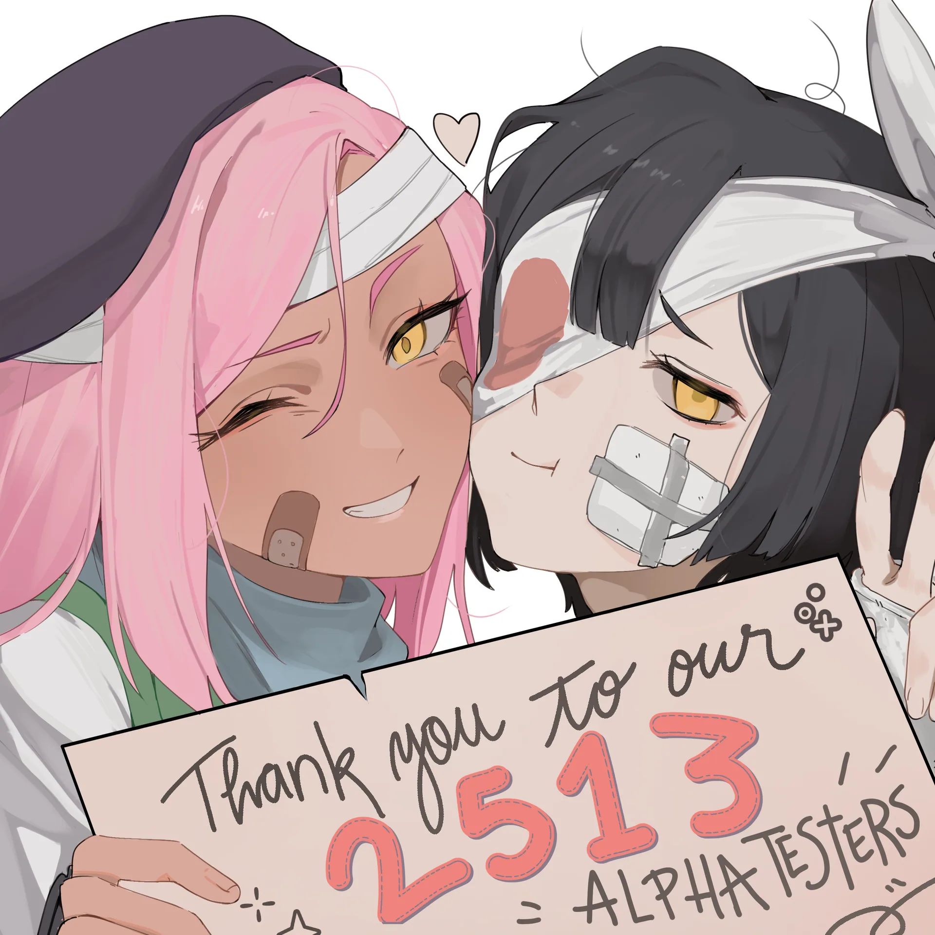 Fernet and Spika hold a sign thanking 2513 alpha testers.