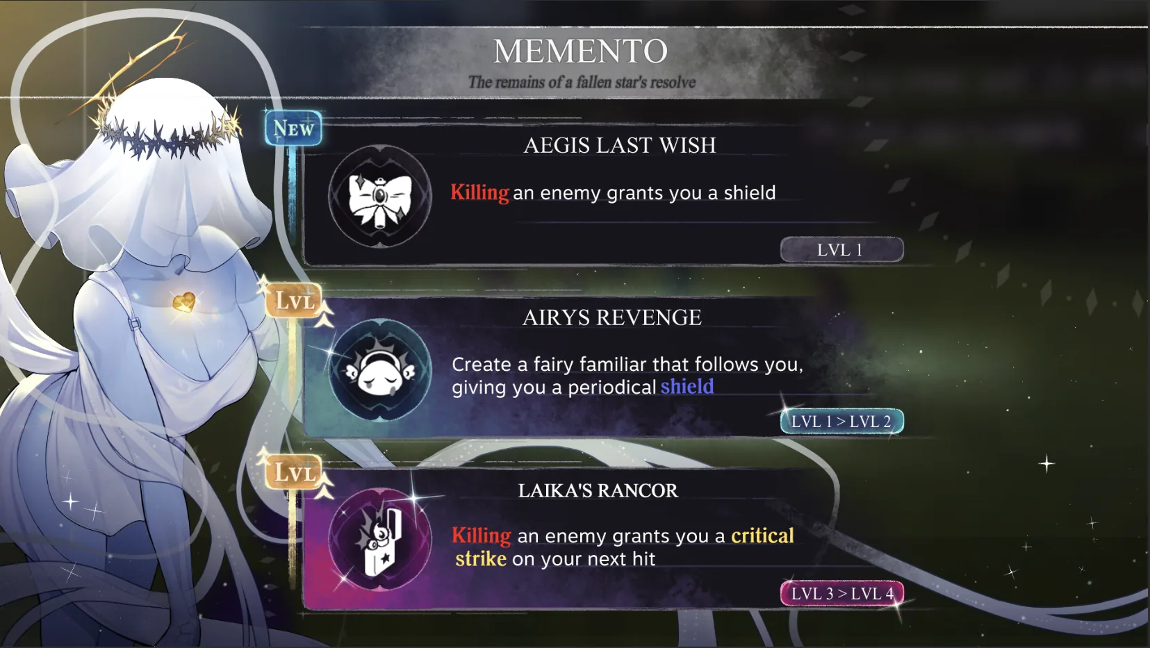 Memento list with Aegis Last Wish, Airys Revenge, and Laika’s Rancor.