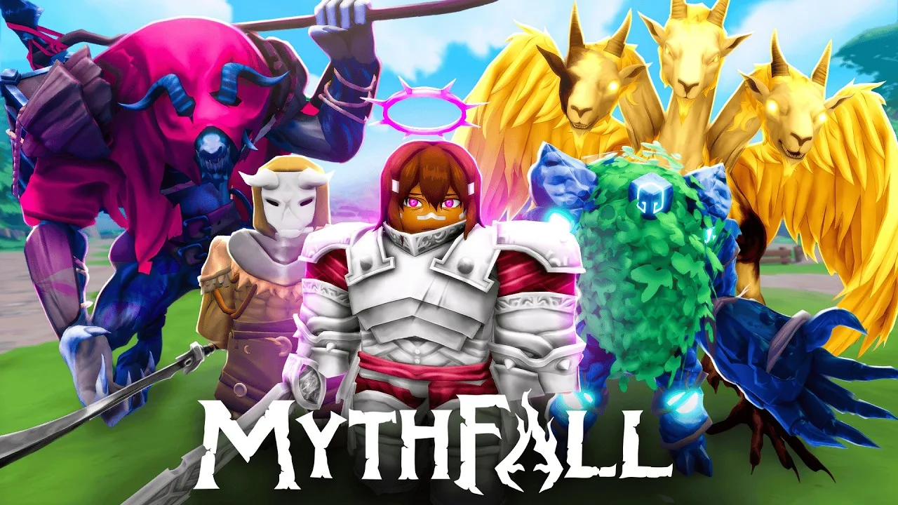 MythFall roster key art — a crimson-and-white paladin flanked by the golden Nephilim, a nature golem, and elemental creatures