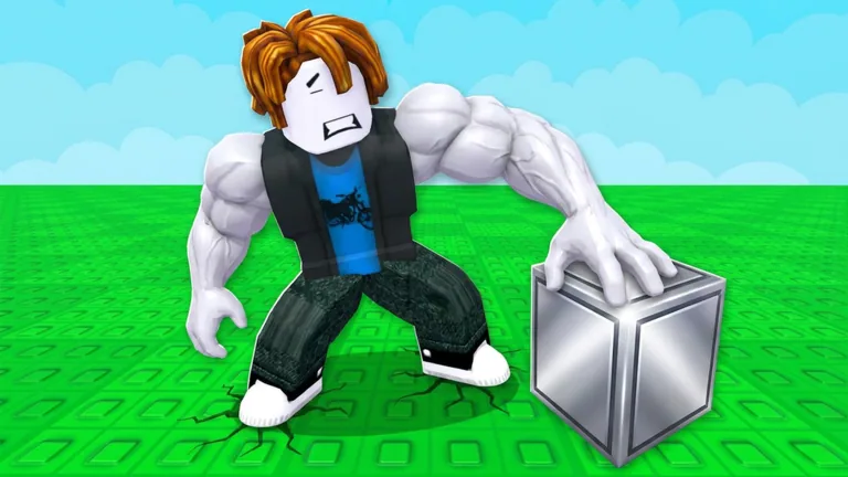 Muscular avatar lifting a metal cube on grass tiles