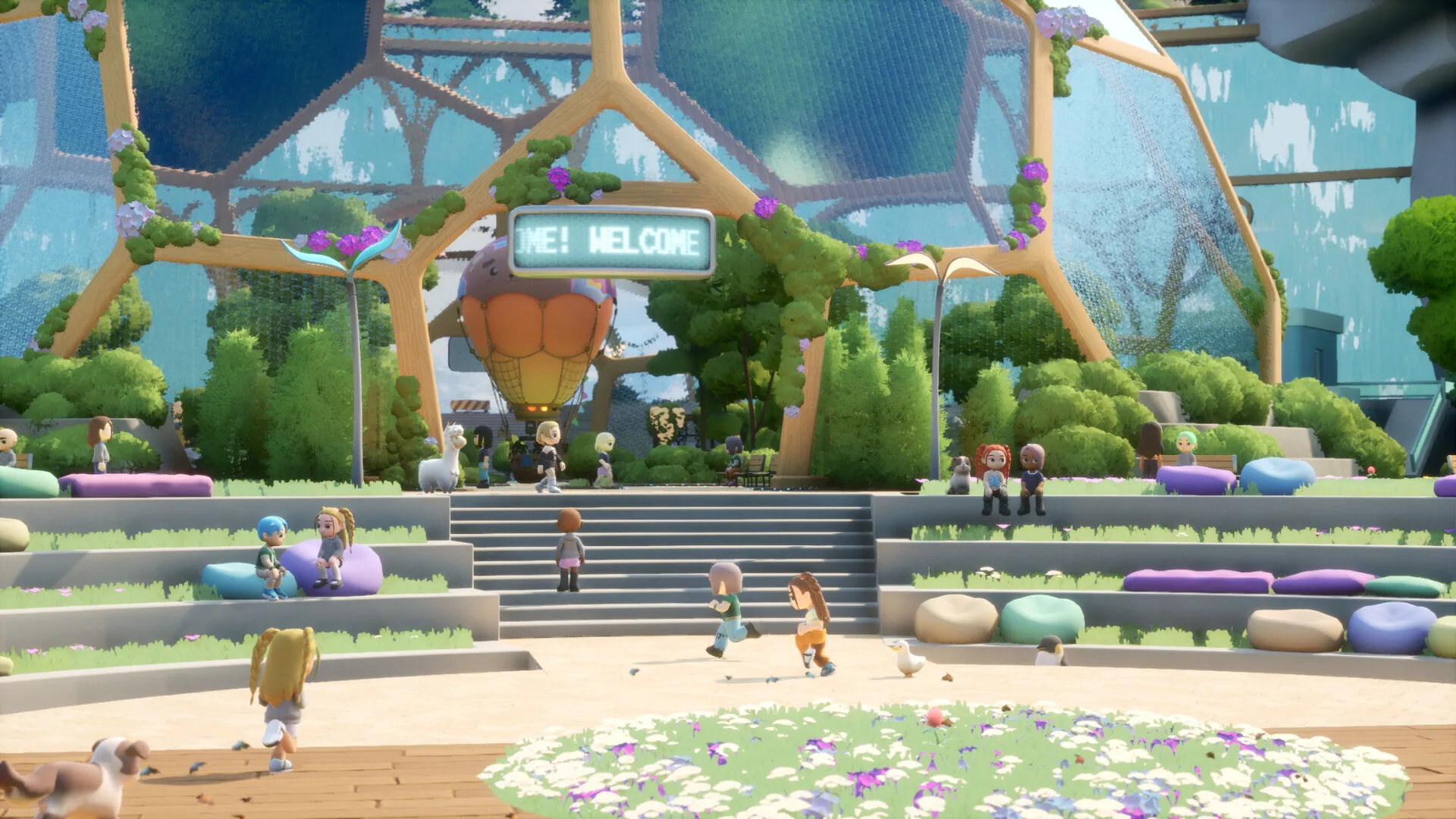 Loftia City plaza under a glass canopy with a welcome sign