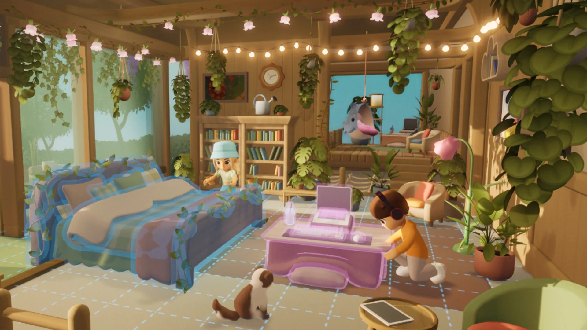 A wooden Loftia home with hanging plants and string lights