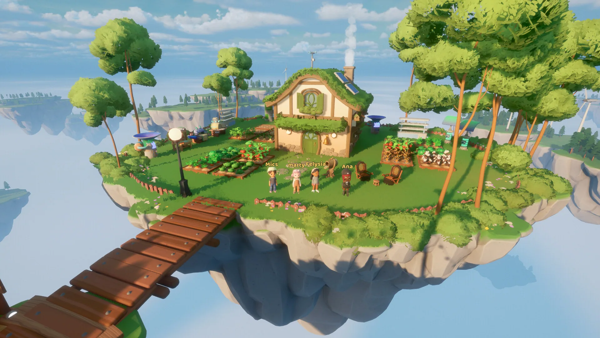 A floating island with a grass-roof cottage, garden beds, and a wooden bridge