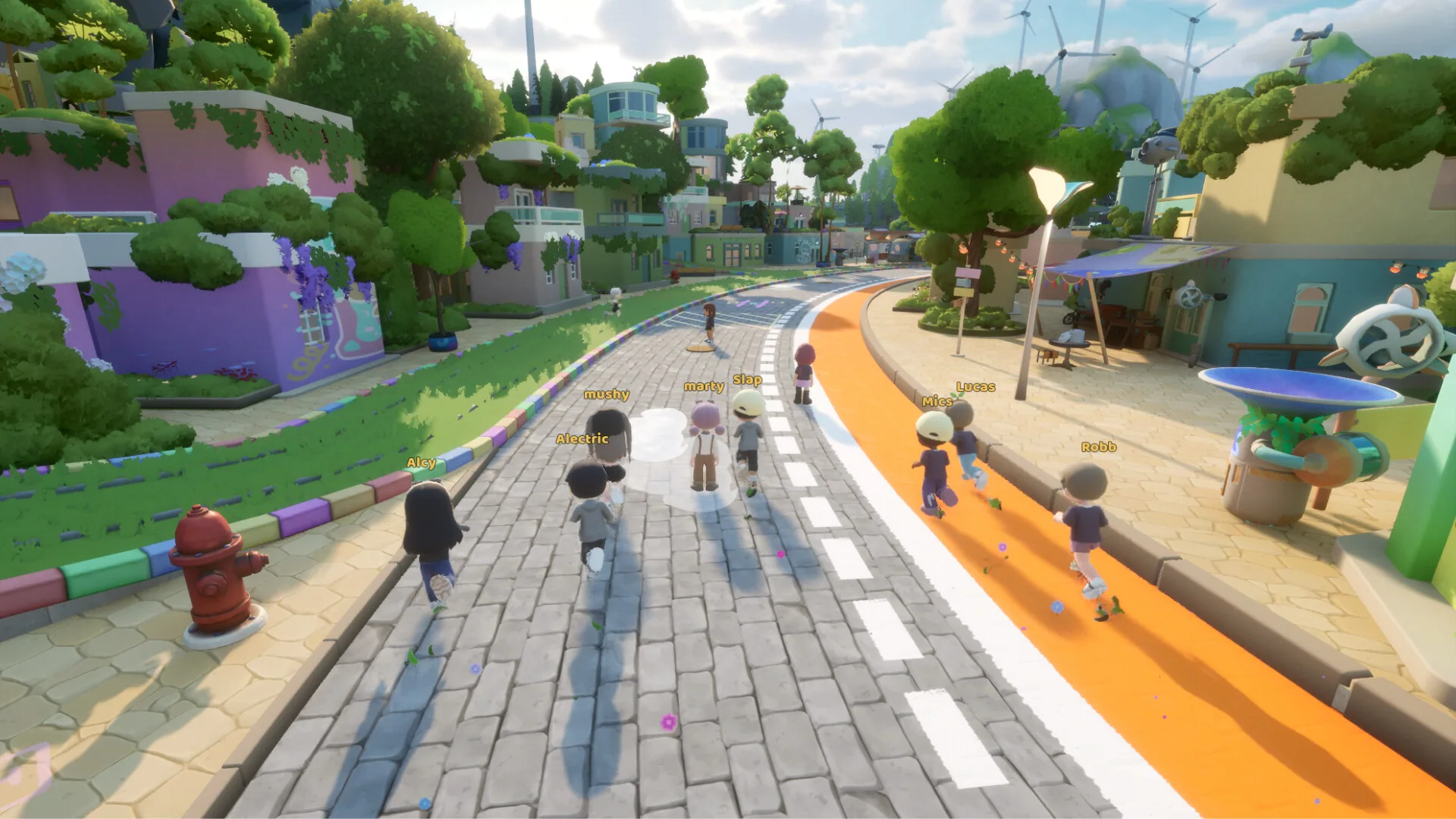 Players walking a cobbled street through a colorful hillside town