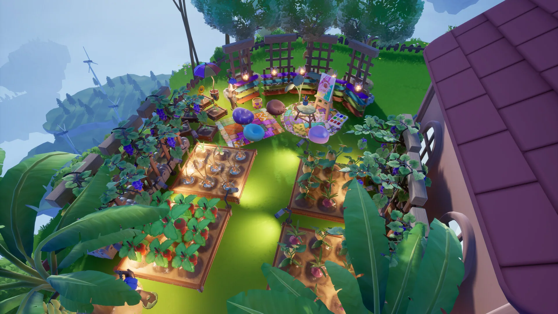 Garden beds, grape trellises, and glowing grow trays beside a house